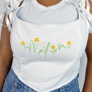 Hand Crafted Embroidered White Floral Corset Top | Vintage-Inspired Lace-Up